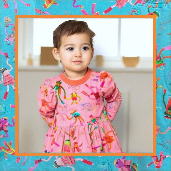 Oilily Organic Cotton Puff Sleeve Dress and Tights Size 104 (4 Years) Pink Multi - Picture 2 of 16